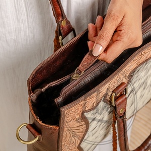 Handmade Large Cowhide Tote <b>Shoulder</b> Bag Genuine Leather with Tooling Patch Mid Hairon <b>Straps</b> Portable Feature Matching Design - Product Image 2