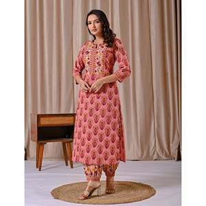Casual <b>Peach</b> Butta Block Printed Straight Kurta Set Spring/Summer Three-Quarter Sleeve Afghani <b>Top</b> - Product Image 5