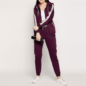 Chándal liso de algodón 100% personalizado con cremallera, conjunto de 2 piezas con sudaderas con capucha y pantalones de chándal para mujer - Product Image 3