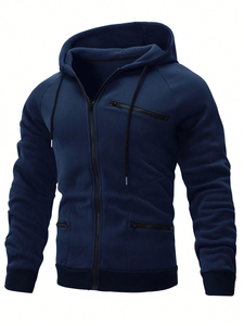 Sudadera con capucha informal de manga larga con cremallera frontal de color sólido de invierno personalizada para hombre con cordón 100% algodón polar térmico - Product Image 6
