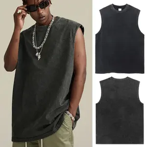 Men Workout <b>Tank</b> <b>Tops</b> Athletic Gym Wear Sleeveless Singlet Distressed Vintage Acid Wash Oversize Fitness Training Vest - Product Image 1