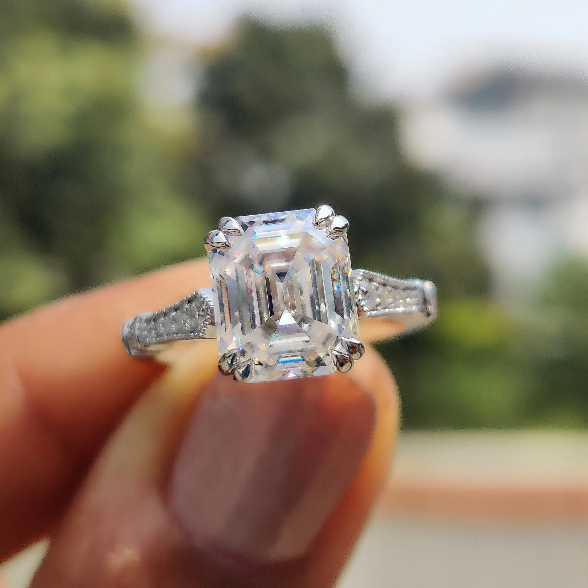 Real Diamond Vintage Emerald Cut Incolor Genuine Fashion Pure Gold Solitaire Diamante Anel de Jóias Finas Para As Mulheres