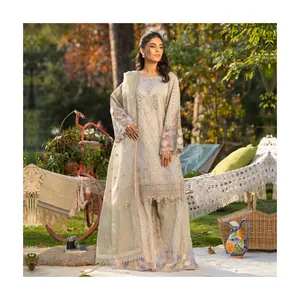 巴基斯坦Salwar Kameez连衣裙传统印度10婚纱刺绣衬衫和喇叭裤配欧根纱Dupatta套装