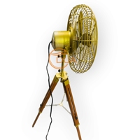Ventilateur de sol vintage antique avec support trépied en bois réglable, finition laiton doré, ventilateur de sol électrique style marine royale