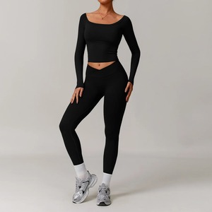 Chándal de mujer, conjunto de Yoga de 2 piezas, ropa deportiva de entrenamiento, ropa de gimnasio, Top corto de manga larga, mallas de cintura alta, trajes deportivos - Product Image 4