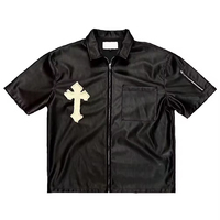 Camisa Casual de Invierno para Hombre, Personalizada, de Cuero PU Tejido, Transpirable, Tallas Grandes, con Cierre de Cremallera, Parche Bordado, Manga Corta, Cuello Mao, Corte Holgado