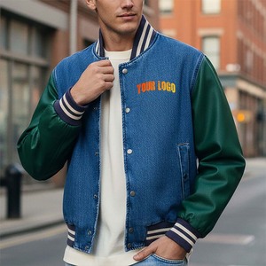 Custom Embroidery logo <b>Denim</b> Varsity <b>Jacket</b> for Man <b>with</b> leather sleeves Hip Hop Baseball man winter <b>Jacket</b> - Product Image 1