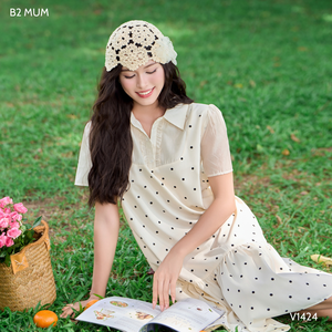 V1424 Summer Maternity Dress Fishtail Polka Dot Soft <b>Cool</b> Spandex Sweat-Absorbent Fabric Side Pockets Adjustable Elastic Buttons - Product Image 6