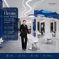 Mobili Futuristici per Salone di Bellezza con Specchio LED ad Arco in Acrilico Blu e Sedia Tulipano Bianca per Concept Beauty Salon