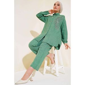 Conjunto de 2 Piezas de Lino con Adornos de Piedras, Color Esmeralda, Patrón Regular, Origen TR, Tallas XL/L - Product Image 4