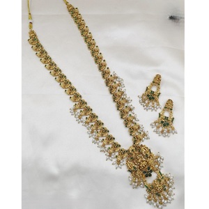 Long collier de bijoux de temple de ton or traditionnel ensemble avec des boucles d'oreilles avec des pierres pour les femmes pour les fêtes de mariage porter - Product Image 1
