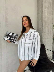 Camisa Blusa de Mujer Oversize Casual de Manga Larga con Volantes, Tejida, Talla Única, con Botones, Blanca, Estilo Urbano Primavera Verano - Product Image 2