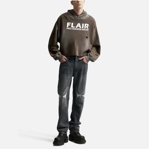 OEM Custom Distressed Embroidery Heavyweight Boxy Cropped <b>large</b> size <b>Hoodie</b> for Men - Product Image 4