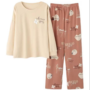 Conjunto de Pijamas de Algodón para Mujer, Cuello Redondo, Manga Larga, Cintura Elástica, Suave, Transpirable, de Alta Calidad, Colores Personalizados, en Oferta - Product Image 1