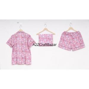 Ensemble de pyjama pour femmes en coton 100% pur, élégant, à motifs floraux imprimés en bloc, manches courtes, col en V, fermeture à cordon de serrage doux - Product Image 3