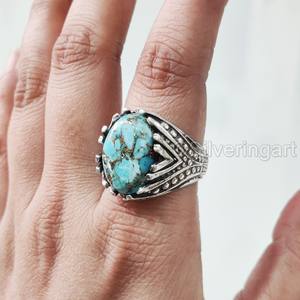 Nouvelle Arrivée Bague pour Homme en Argent Sterling 925 avec Pierre Précieuse Turquoise Cuivre Bleu Naturel, Pierre de Naissance de Décembre, Cadeau de Noël - Product Image 2