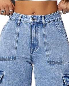 Pantalones Vaqueros Cargo de Pierna Ancha Azul Claro para Mujer, Pantalones de Mezclilla de Cintura Alta con Bolsillos Laterales, Ropa Casual de Calle, Suministro del Fabricante, OEM - Product Image 4