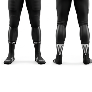 Chaussettes de football américain pour hommes en mélange coton-polyester 200 GSM de qualité supérieure, rayures rouges, noires et blanches, panneau côtelé, logo personnalisé tricoté, nom - Product Image 2