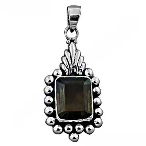 Pendentif en argent 925 avec quartz fumé pour femmes, plaqué or rose et rhodium, pierre précieuse de forme émeraude, bijoux avec charme à motif numérique - Product Image 3