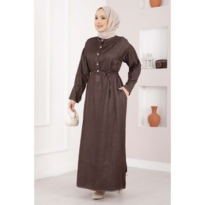 Robe marron en denim Tencel à demi-boutonnage et ceinture, coupe droite, style streetwear modeste et sexy, idéale pour les soirées d'été, coupe ajustée - Product Image 1