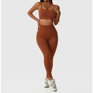 Ensemble de leggings et soutien-gorge de sport sans couture à taille haute pour femme, avec bretelles spaghetti, décoration en maille, respirant, en Spandex/Nylon, maintien élevé - Product Image 1