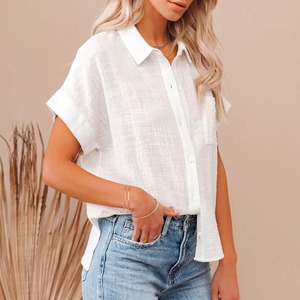 Chemisiers décontractés pour femmes, nouvelle mode, motif uni, coton et lin, manches courtes, blanc, vêtements d'été, boutons, respirant - Product Image 4