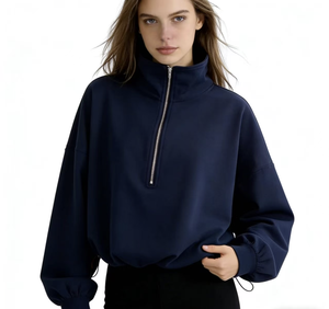 Sudadera de Cuello Alto para <span class=keywords><strong>Mujer</strong></span>, Media Cremallera, Puño con Cordón, Manga Larga, Ajuste Holgado, Color Borgoña Casual - Product Image 2