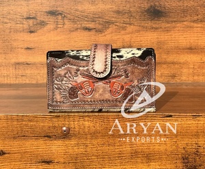 Cartera plegable de cuero con herramientas manuales para mujer, cartera de mano de cuero tallado genuino de alta calidad, cartera de tarjetas de crédito de piel de vaca - Product Image 1