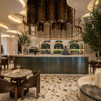 Meubles de restaurant de luxe à Dubaï, table en pierre naturelle et chaise en bois, banquette de restauration rapide sur mesure pour hôtel et café