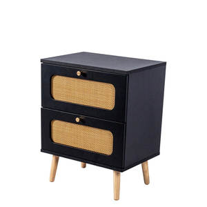 Modern 2-Drawers Rattan <b>Nightstand</b> with Oak Wood Accent Bedroom Furniture for Home for Apartment Living and Living Room Use - Product Image 6