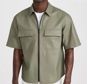 OEM personalizado de alta calidad de verano de los hombres de manga corta Camisa de cuero prendas de vestir estilo de la calle Casual Zip Up camisa de cuero - Product Image 1