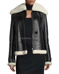 Veste en cuir aviateur en peau de mouton pour femmes, veste en cuir de motard décontractée à la mode, veste en fourrure sherpa en cuir pour femmes - Product Image 2