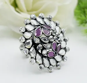 Лидер продаж, винтажное традиционное торговое индийское окисленное кольцо с несколькими кристаллами, 925 стерлингового серебра, эффектные женские украшения