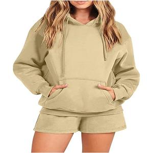 Conjunto de sudadera con capucha y pantalones cortos de mezcla de algodón para mujer Traje de salón acogedor adecuado para relajarse y Deportes - Product Image 1
