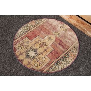 Alfombra turca, alfombra vintage de 2.6x2.6 pies, geométrica morada y verde con elementos florales. - Product Image 3