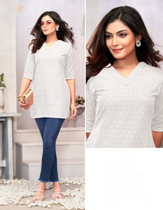 Elegancia Dhwaja Exportación Rayón Totalmente Chikankari Trabajo Secado rápido Formal Corto Kurti para Party College y Office Girls - Product Image 4