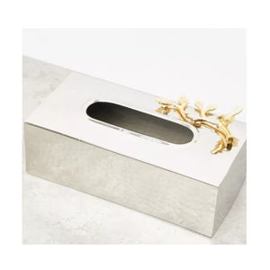 Caja de pañuelos de Metal plateado martillado con acento de flores doradas, accesorio de Mesa para el hogar, caja de pañuelos decorativa de diseño Vintage - Product Image 4