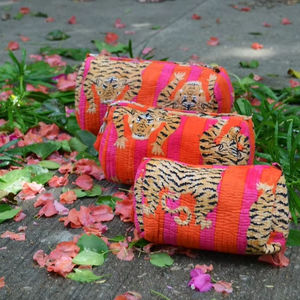 Juego de 3 uds., bolsa de maquillaje acolchada, bolsa de cosméticos con estampado de bloques, bolsas hechas a mano de algodón - Product Image 1