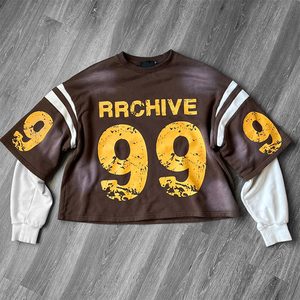 เสื้อยืดลำลองแขนยาววินเทจสองชั้นซักพิมพ์ลายกรดซักได้ตามต้องการสำหรับผู้ชาย - Product Image 2