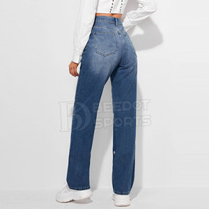 Pantalones vaqueros acampanados anchos informales para mujer del mejor diseño al por mayor, pantalones vaqueros transpirables de cintura media estilo recto lavado ligero a la venta - Product Image 2
