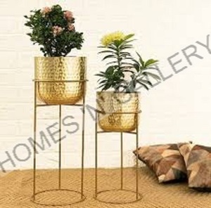 Elegant Gold Plated Metal <b>Planter</b> with Iron Stand High Quality Outdoor Garden Flower Pots Handcrafted in India for Home Use - Product Image 2