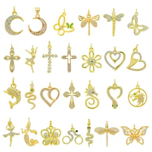 Collier avec pendentif en zircon cubique 18 carats, breloques en forme de lettre papillon libellule et croix en or pour la fabrication de bijoux, nouveauté