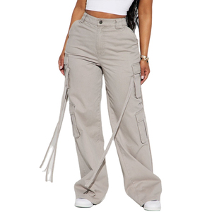 High Waist Cargo <b>Pants</b> Women Loose Wide Leg Canvas Utility Style Solid Color Full Length With Pockets Breathable Woven Cotton - Product Image 1