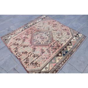 Vintage Rug, 5.1x4.9 ft Turkish Rug, <b>Brown</b> Pink Patchwork <b>Wool</b> Rug - Product Image 3