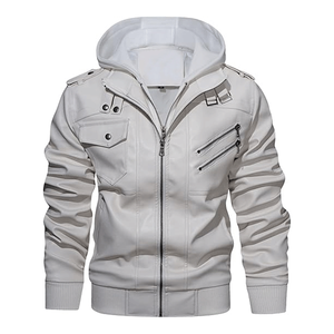 Chaqueta de moto con cremallera de piel de cordero azul marino con capucha extraíble negra para hombre - Product Image 5