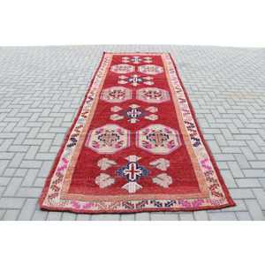 Alfombra Turca de 4.7x12.2 pies, Alfombra Vintage, Alfombra de Lana con Diseño Floral Rojo - Product Image 1