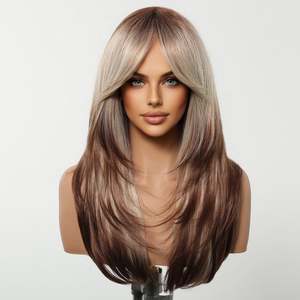 Erica-DWY 22-Inch Glueless Synthetic <b>Wig</b> for Women Machine Made Mid-Length Straight Bleach Blonde <b>Brown</b> Ends Transparent Lace - Product Image 3