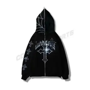 Custom Logo Rhinestone Full Face Zip Up Hoodies French Skeleton High Quality Embroidery Oversized Hoodie with Face Masked