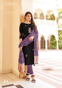 ชุด kurti ผ้าฝ้ายเรยอนสำหรับสุภาพสตรีพร้อมทำหลากสีพร้อมด้ายและงานฝีมือพร้อมพิมพ์ dupatta สำหรับขายออนไลน์ - Product Image 2