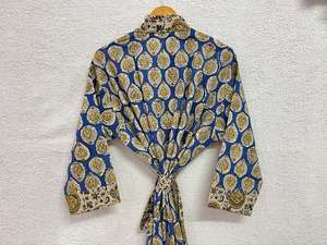 เสื้อคลุมอาบน้ำกิโมโนนุ่มสบายพิมพ์ลายดอกไม้ผ้าฝ้ายความยาว100% รอบเอวธรรมชาติสำหรับอาบน้ำชายหาดกลางคืนซักได้ - Product Image 3